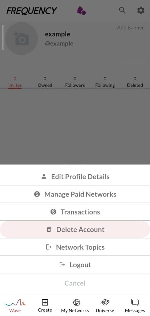 Profile menu with Delete Account option