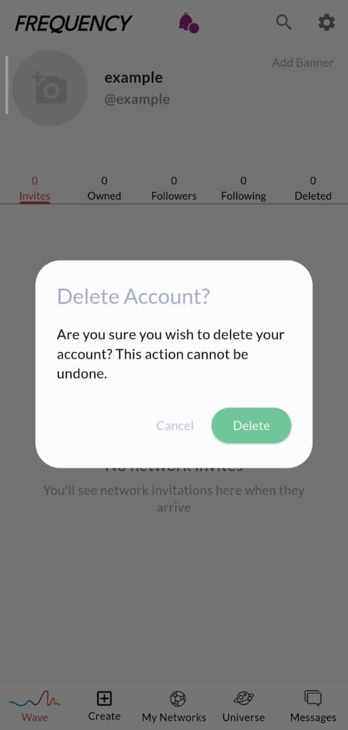 Delete Account confirmation popup